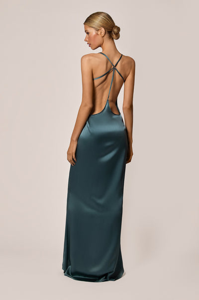 Tempete Storm Blue Gray Satin T-Back Evening Dress Gown Back
