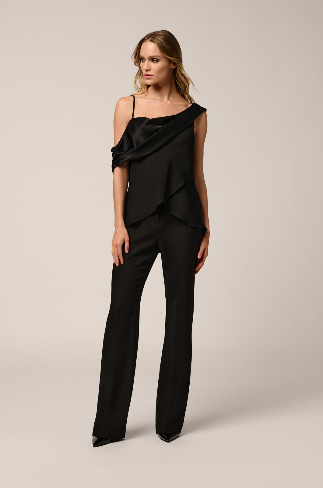 Silk satin-faced chiffon cami with cowl neckline front view