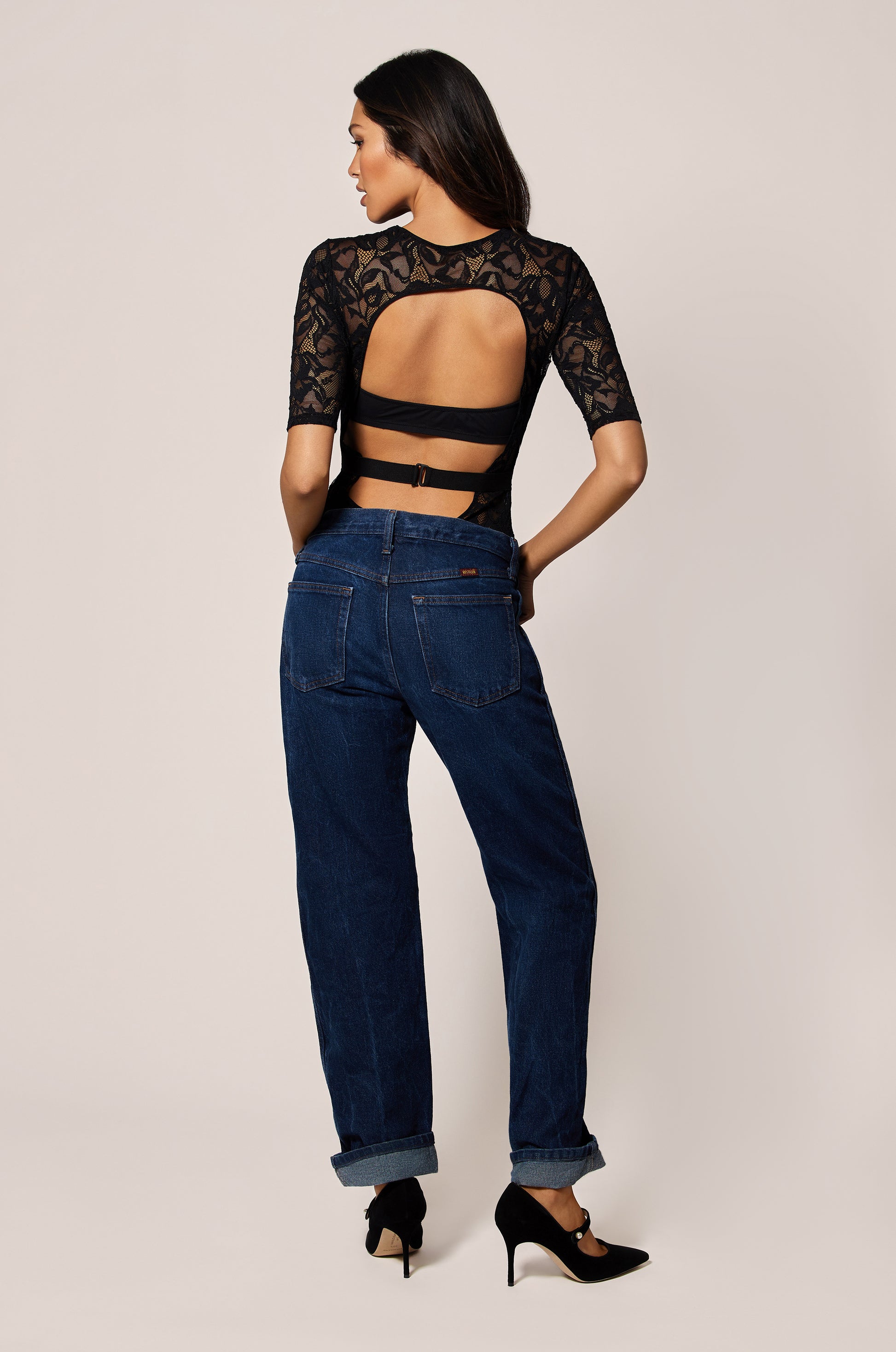 Black Floral Lace Soft Stretch Unlined Bodysuit, back