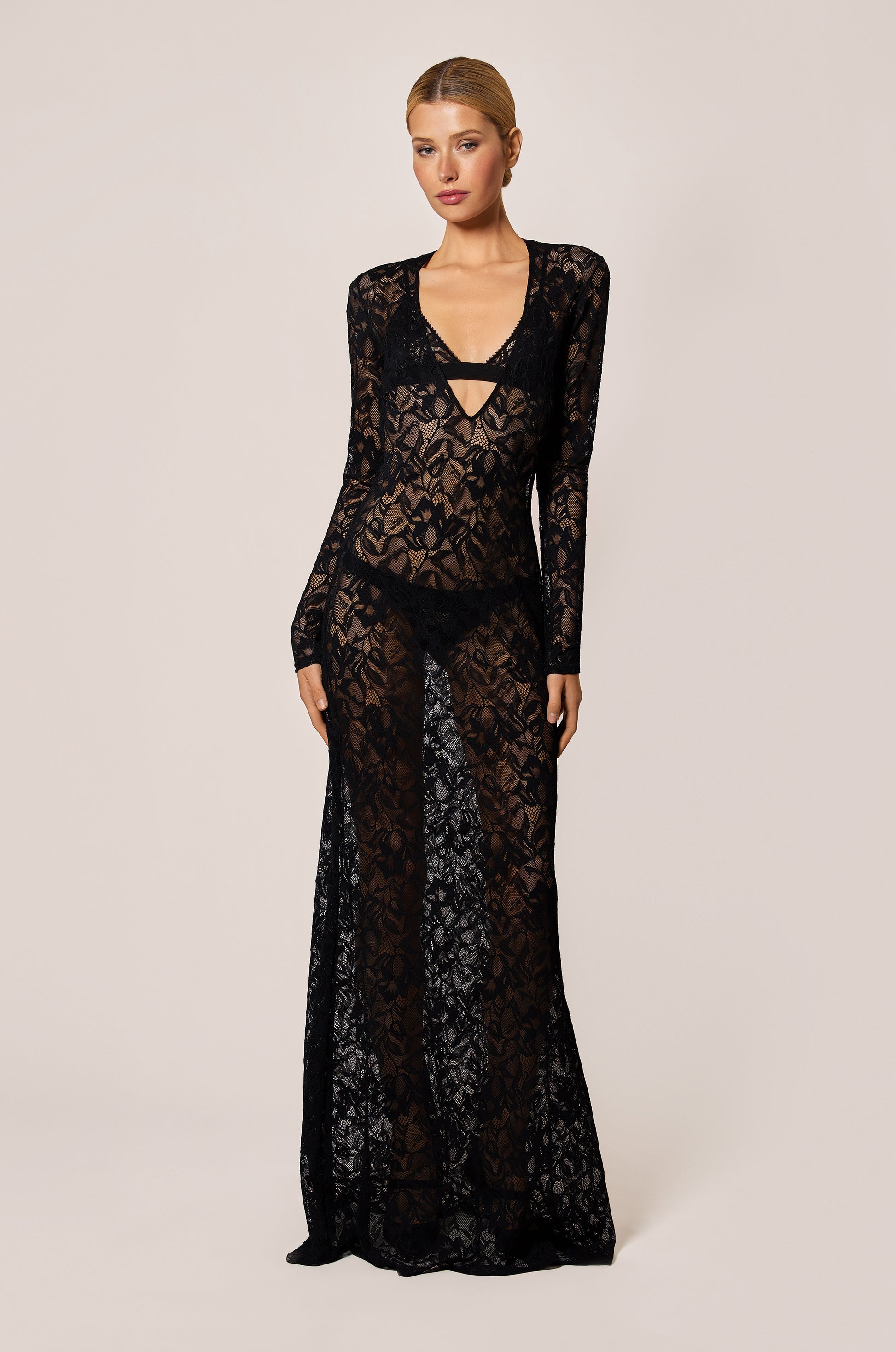 Black Floral Lace Soft Stretch Unlined V Neck Long Sleeve Maxi Dress Front