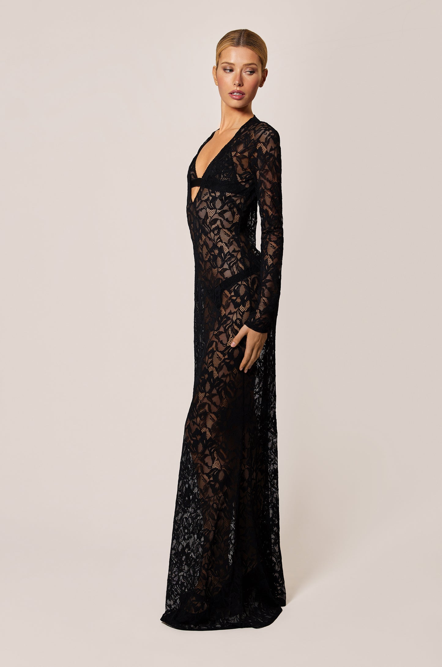 Black Floral Lace Soft Stretch Unlined V Neck Long Sleeve Maxi Dress Side