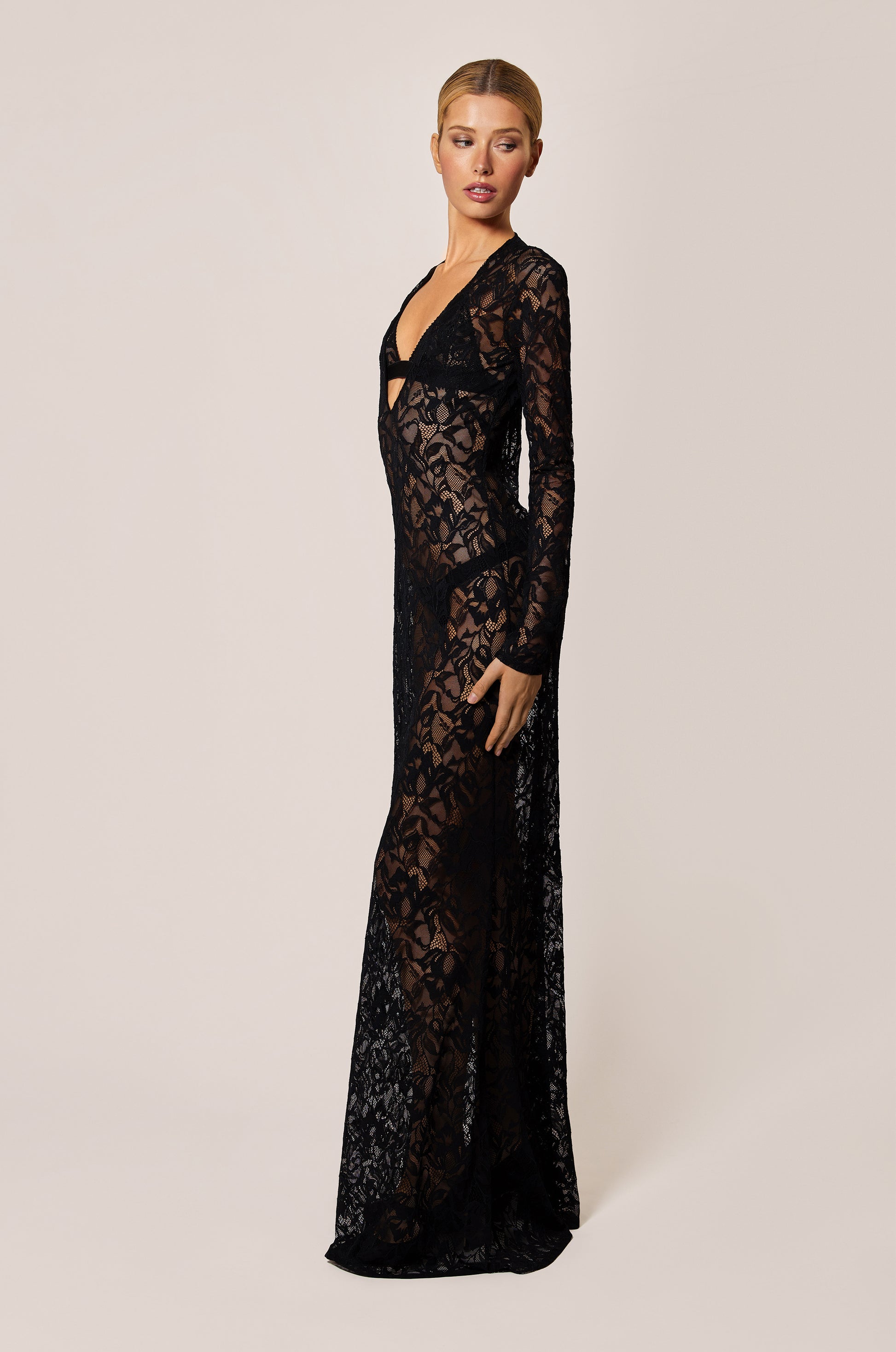 Black Floral Lace Soft Stretch Unlined V Neck Long Sleeve Maxi Dress Side