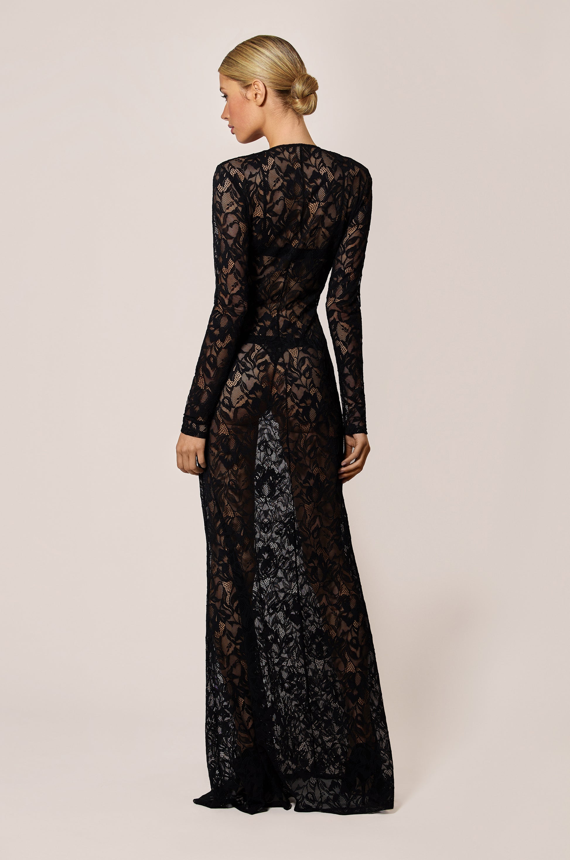Black Floral Lace Soft Stretch Unlined V Neck Long Sleeve Maxi Dress Back