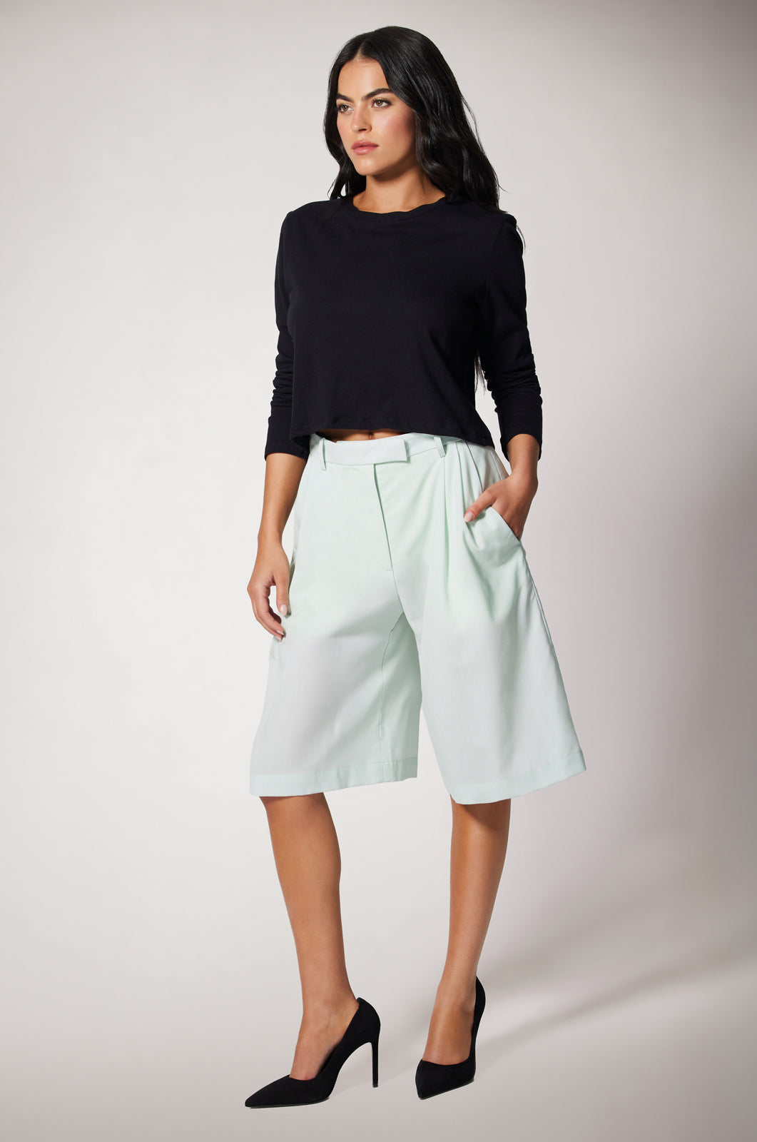 Mint Suiting High Waisted Loose Fit Bermuda Shorts Side