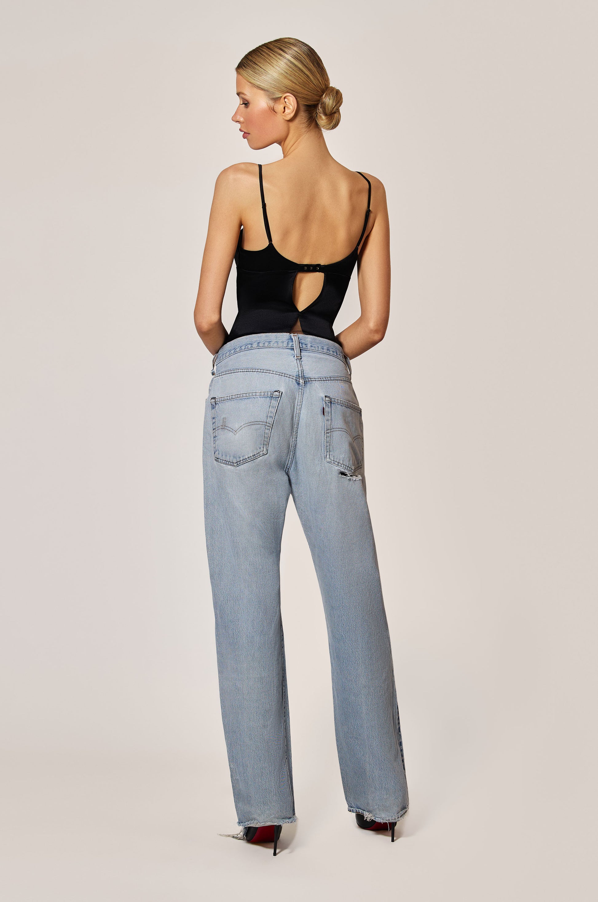 Black Satin Soft Bodysuit Back