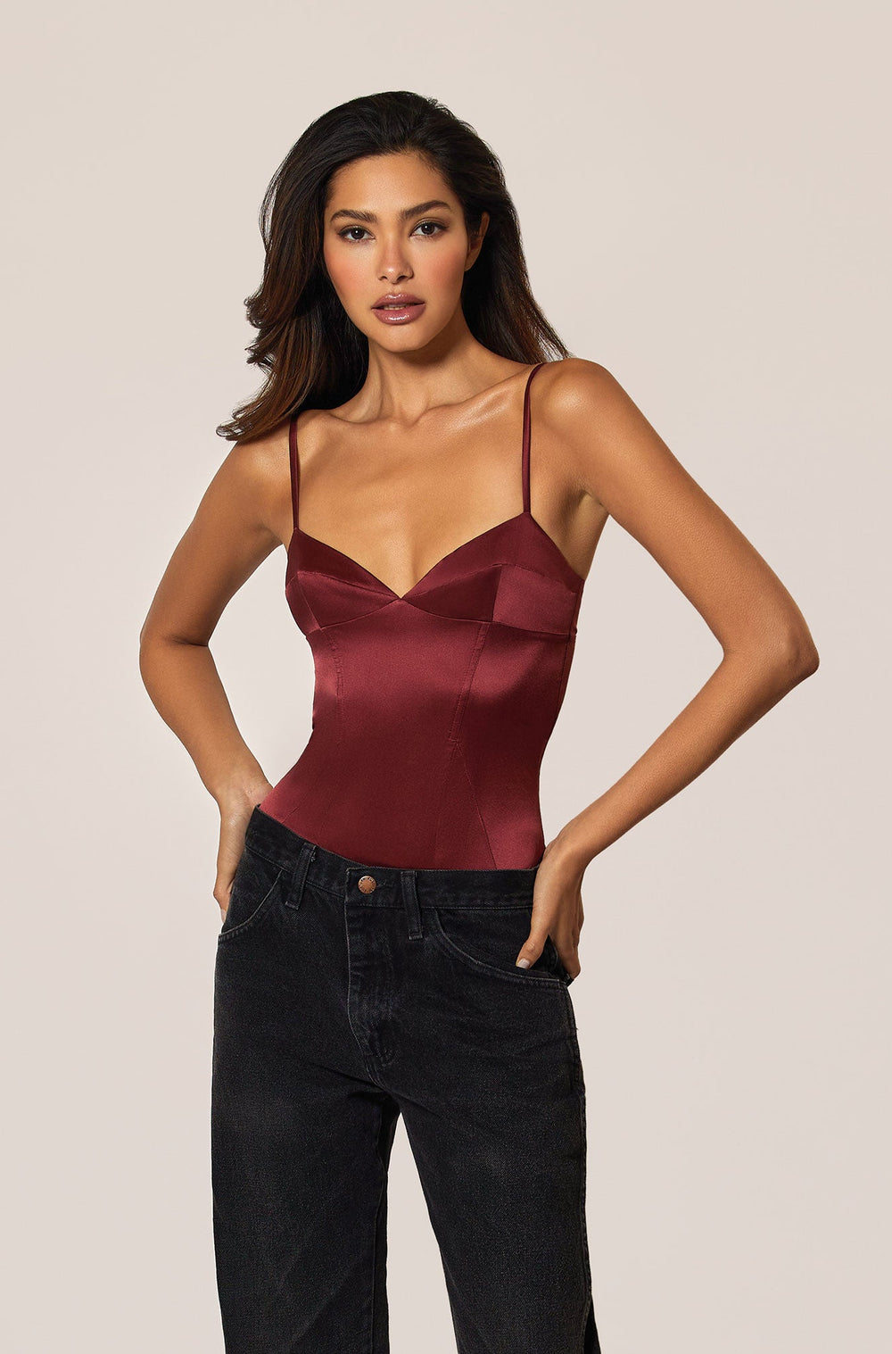 Brick Dust Red Pink Satin Soft Bodysuit Front