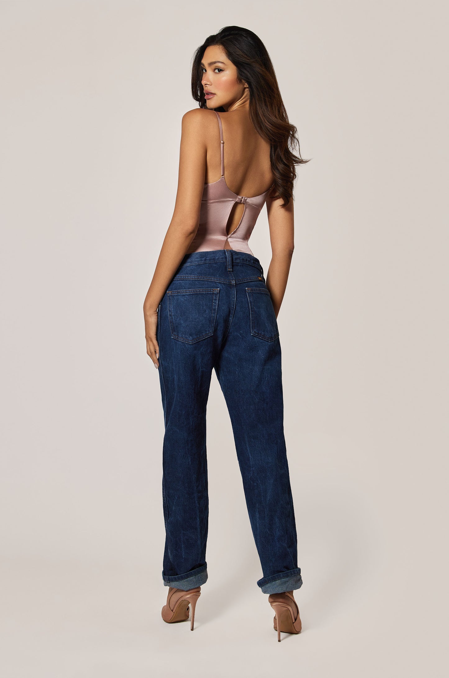 Buff Light Pink Satin Soft Bodysuit Back