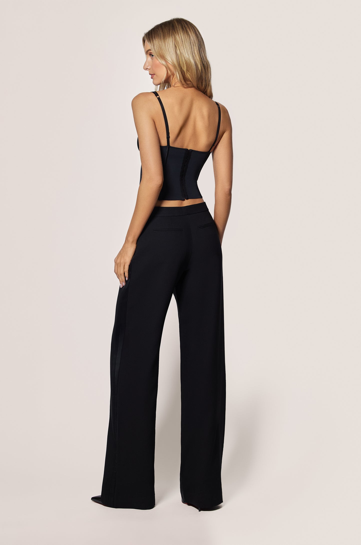 Black Tuxedo Formal Low Rise Straight Leg Pant, back view